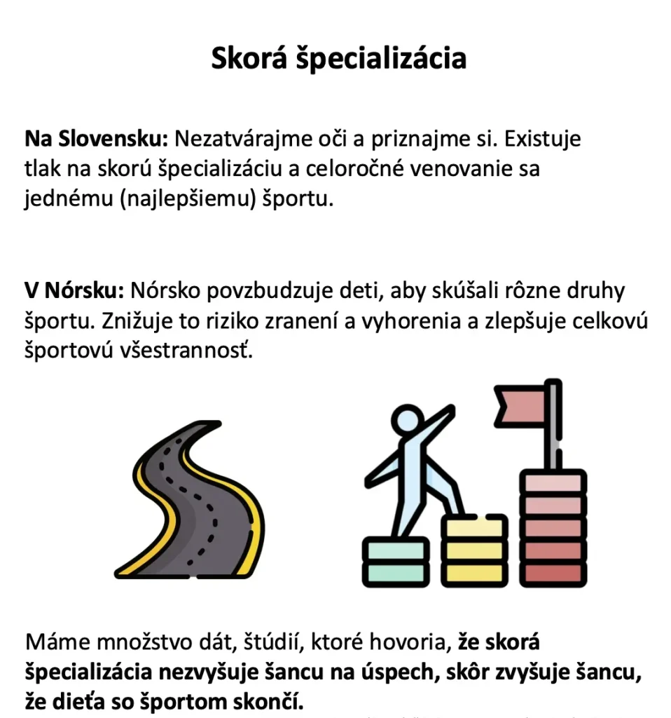 Ilustrácia k skorej špecializácii: kľukatá cesta a postava stúpajúca po stupňoch k vlajke
